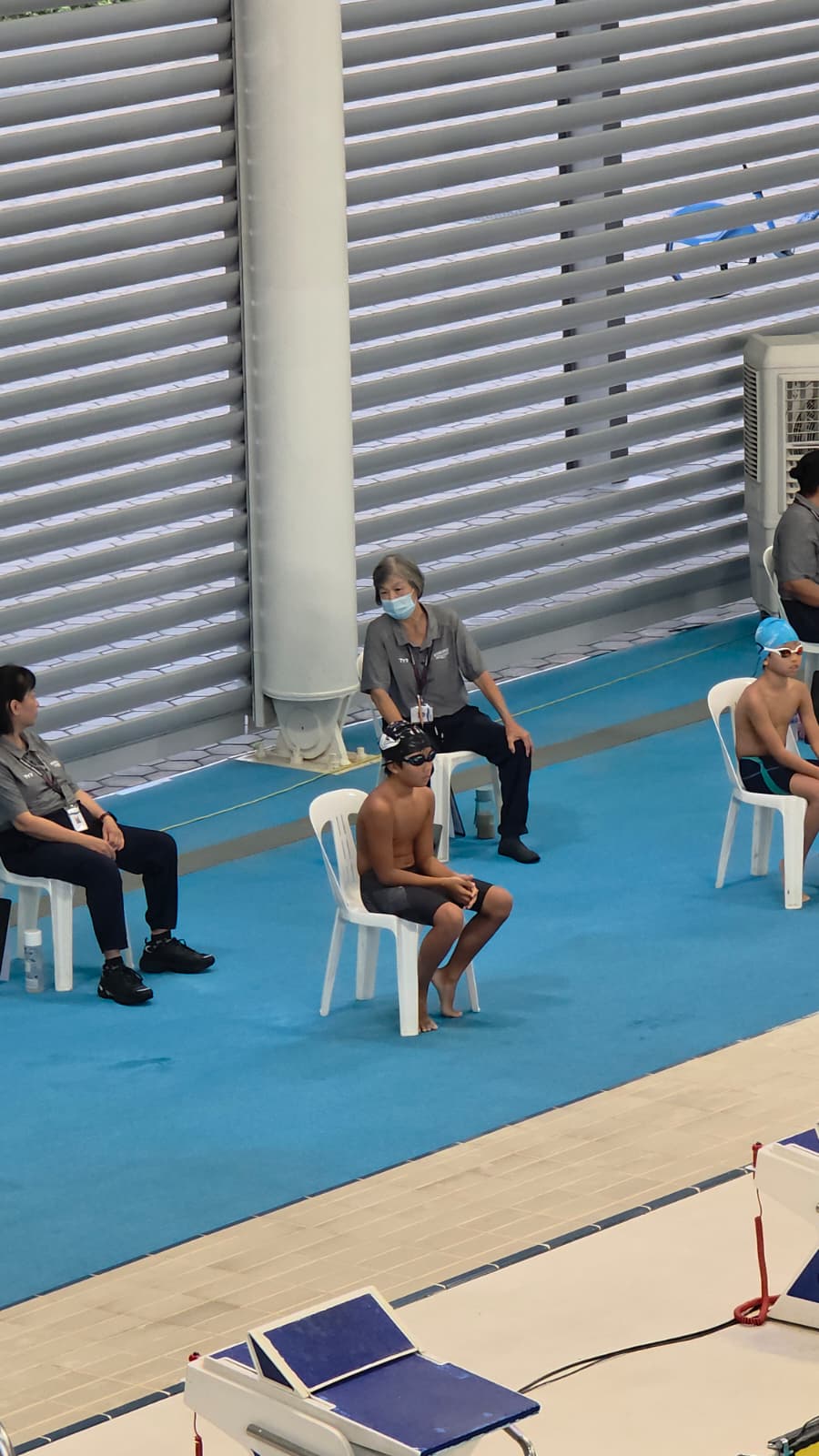 Evan Liew in the marshalling area before his race at Pesta Sukan 2026, OCBC Aquatic Centre